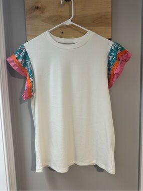 Women's Boutique Cream Knit Top with Floral Pink & Teal Ruffle Sleeves